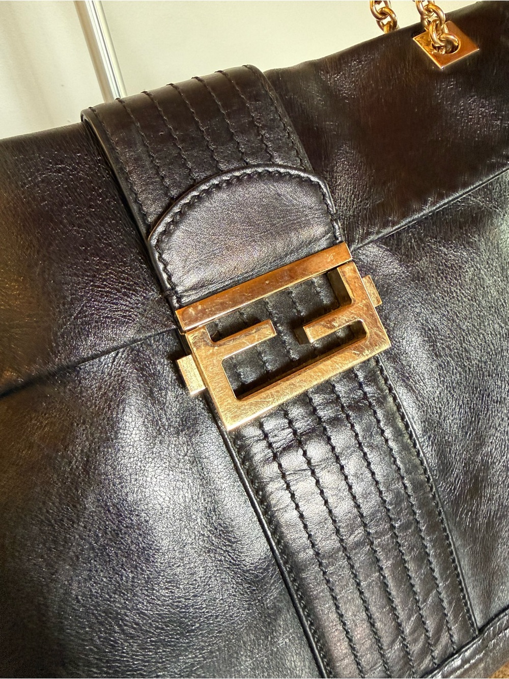 Rare Vintage Fendi Black Leather FF Flap Bag Gold Chain Shoulder Strap - Picture 5 of 17